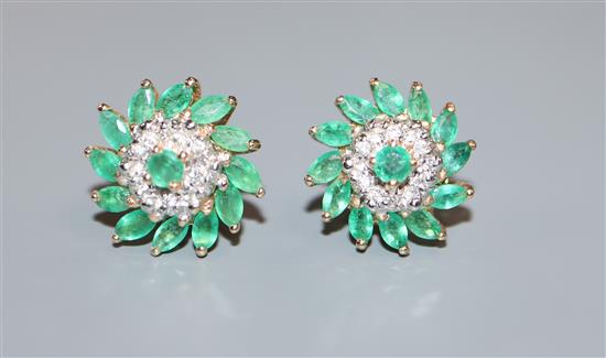 A pair of gold, emerald and diamond cluster ear studs, diameter 13.5mm